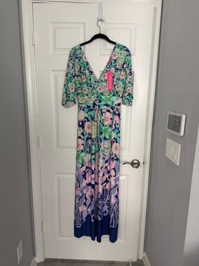 Lilly Pulitzer Navy Floral V-Neck Maxi with Pink & Green Accents